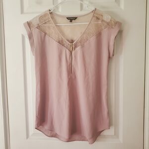 Express Light Pink Blush Women's Blouse with Lace and Zipper Detail - Small